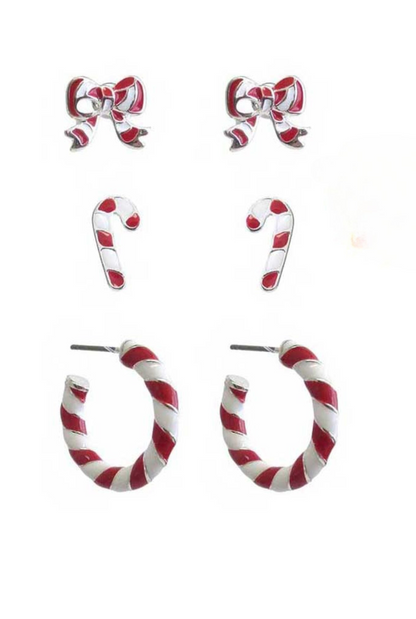Set of three candy cane holiday earrings from Start2Finish, featuring festive red and white jewelry for seasonal wear.