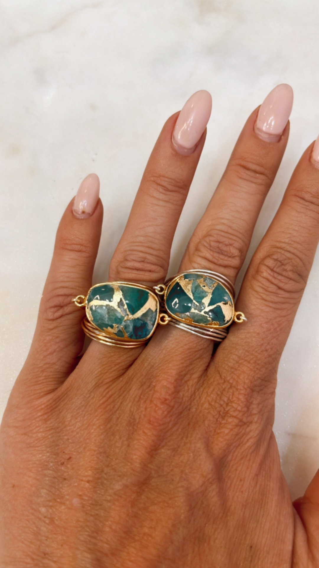 Start2Finish Torrey ring featuring teal Mojave copper with intricate jewelry design and warm copper finish.