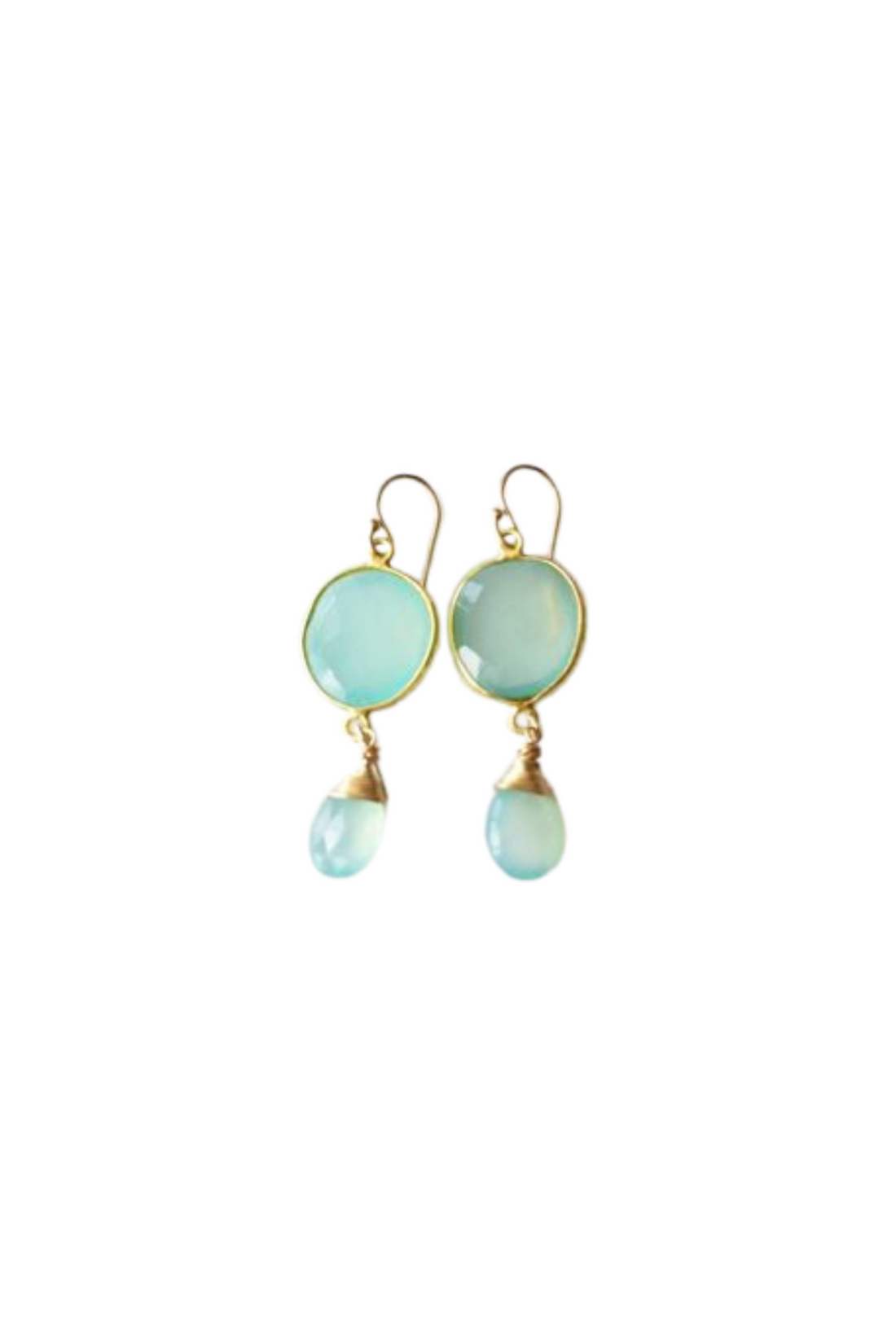 Start2Finish Victoria Ojai earrings featuring gold settings and chalcedony stones, shown in a close-up view.