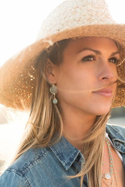 Victoria Ojai Earring in Chalcedony and Gold by Start2Finish, featuring a gold setting with a blue chalcedony gemstone.