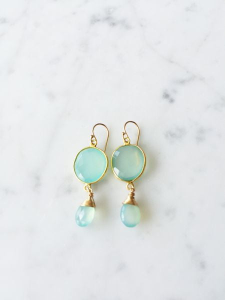 Victoria Ojai Gold Earring with Chalcedony stone, elegant jewelry piece featuring gold setting and gemstone detail.