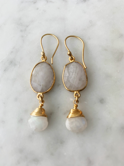 Victoria earrings in moonstone jewelry featuring elegant silver hooks and shimmering moonstone cabochons.