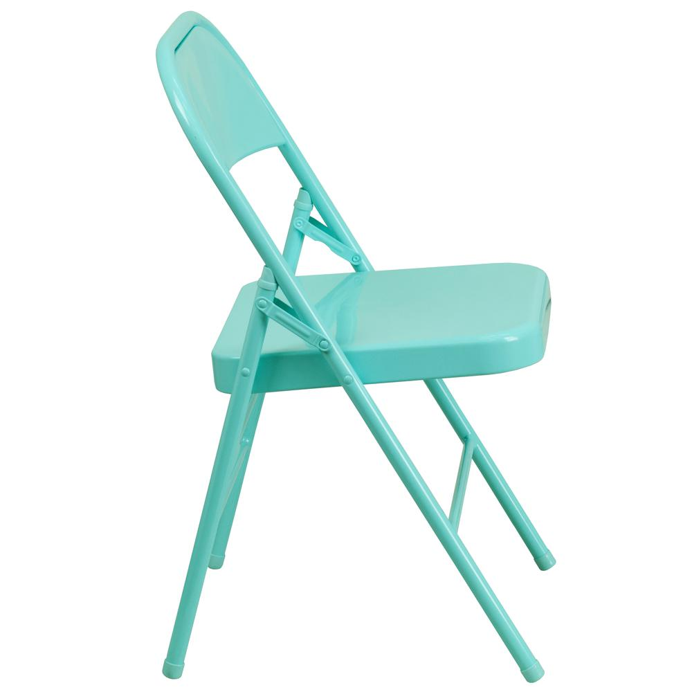 Set of 2 contemporary metal folding chairs by Start2Finish, suitable for commercial and residential use, shown in a modern setting.
