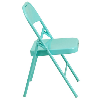 Set of 2 contemporary metal folding chairs by Start2Finish, suitable for commercial and residential use, shown in a modern setting.