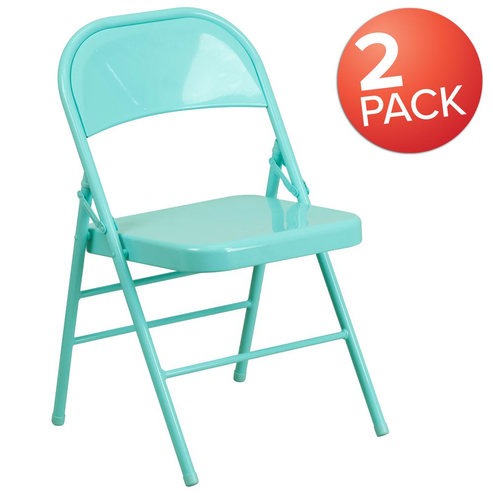 Set of 2 Start2Finish metal folding chairs with contemporary design, suitable for commercial and residential use, shown folded and unfolded.