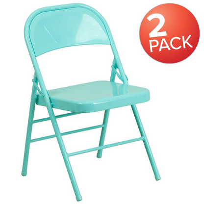 Set of 2 Start2Finish metal folding chairs with contemporary design, suitable for commercial and residential use, shown folded and unfolded.