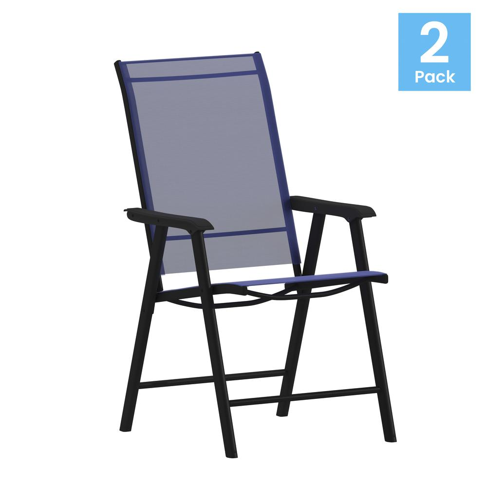Set of 2 modern patio folding chairs by Start2Finish with metal frames and fabric seats, perfect for outdoor lounging and dining.