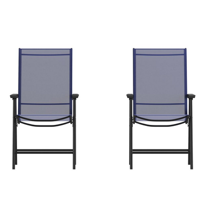 Set of 2 modern patio folding chairs by Start2Finish, lightweight metal frames with fabric seats and armrests for outdoor relaxation.