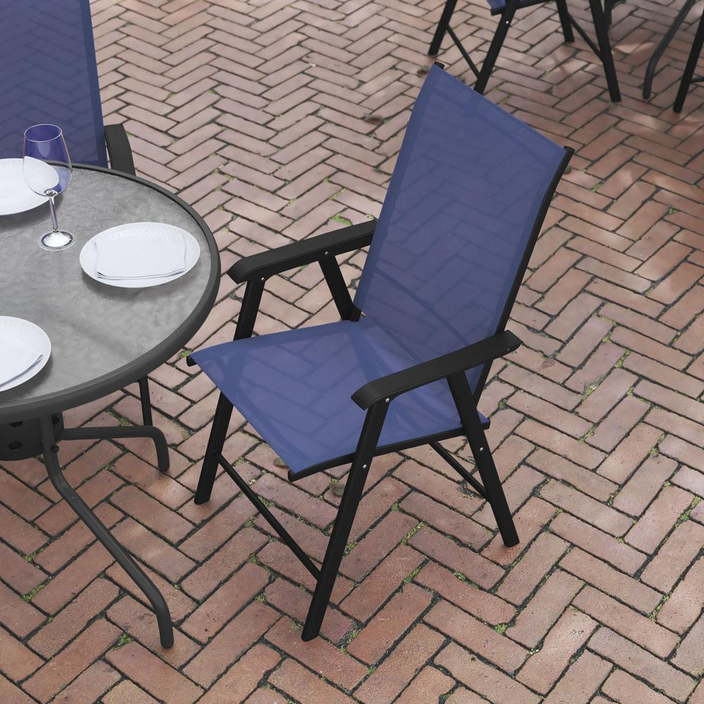 Set of 2 modern patio folding chairs from Start2Finish with sleek metal frames and fabric seats, ideal for outdoor seating.