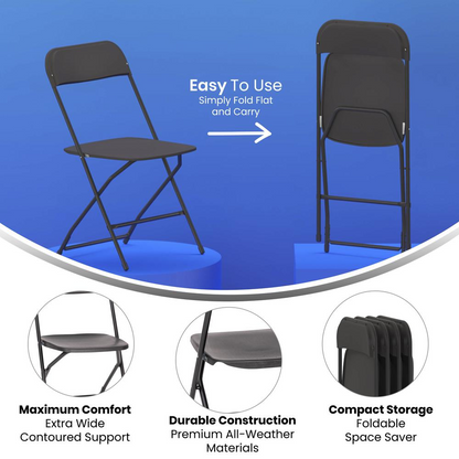 Set of four large plastic folding chairs by Start2Finish, versatile commercial furniture suitable for big and tall seating needs.