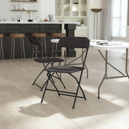 Set of four Start2Finish multi-use commercial plastic folding chairs in large and tall sizes, ideal for versatile seating needs.