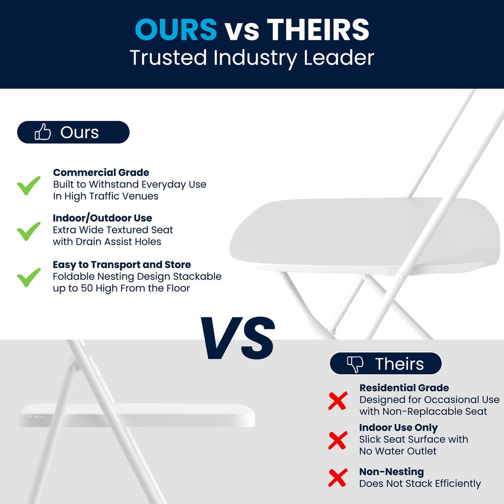 Set of four Start2Finish multi-use commercial plastic folding chairs, large and tall, ideal for versatile seating arrangements.