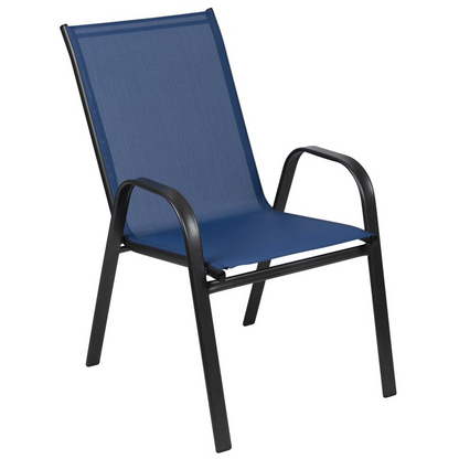 Set of 4 Start2Finish sling patio chairs with metal frames, suitable for restaurant and outdoor residential spaces.