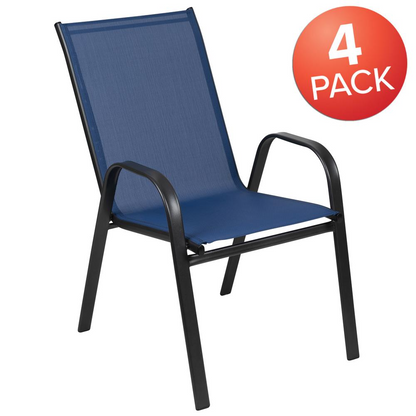 Set of 4 Start2Finish sling patio chairs for outdoor restaurant and residential spaces, featuring black frames and woven fabric seats.