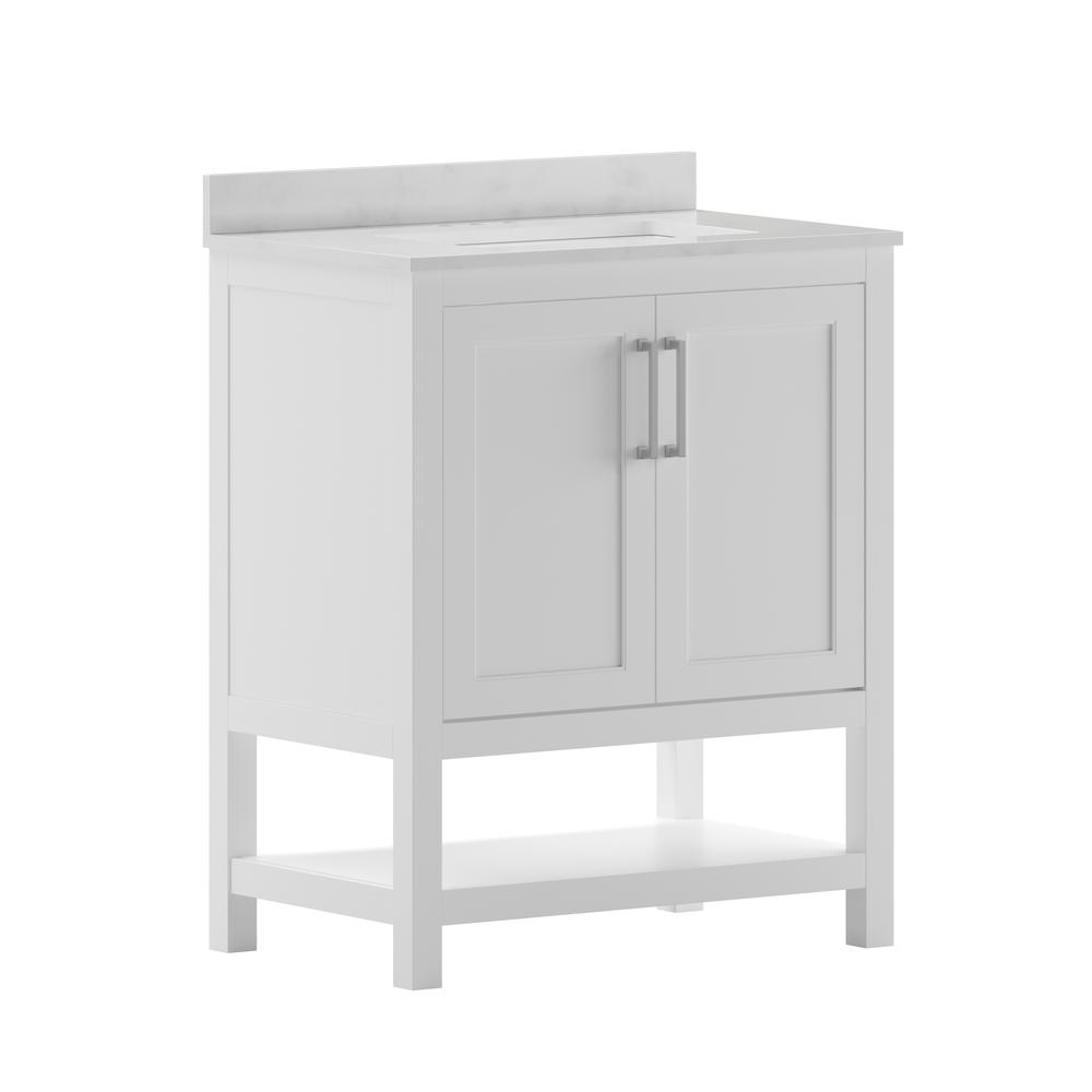 30-inch contemporary bathroom vanity with integrated sink and modern design, featuring sleek wood finish and storage drawers.