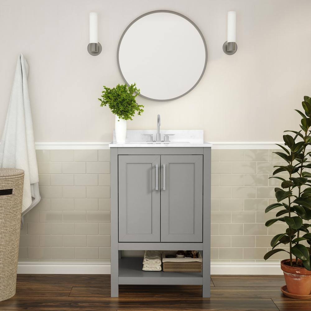 Contemporary 24-inch bathroom vanity with integrated sink from Start2Finish, featuring sleek modern design and storage cabinet.
