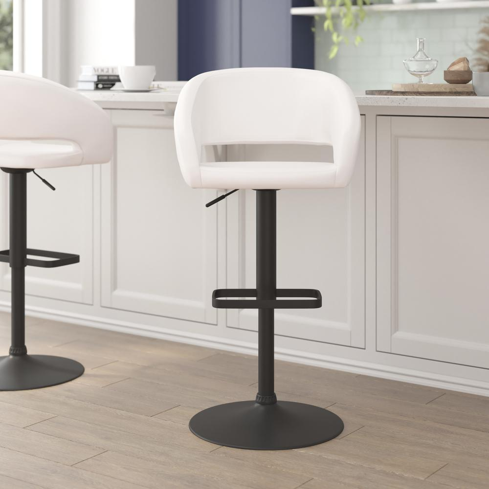 Contemporary adjustable swivel bar stool from Start2Finish with a sleek design, cushioned seat, and metal base.