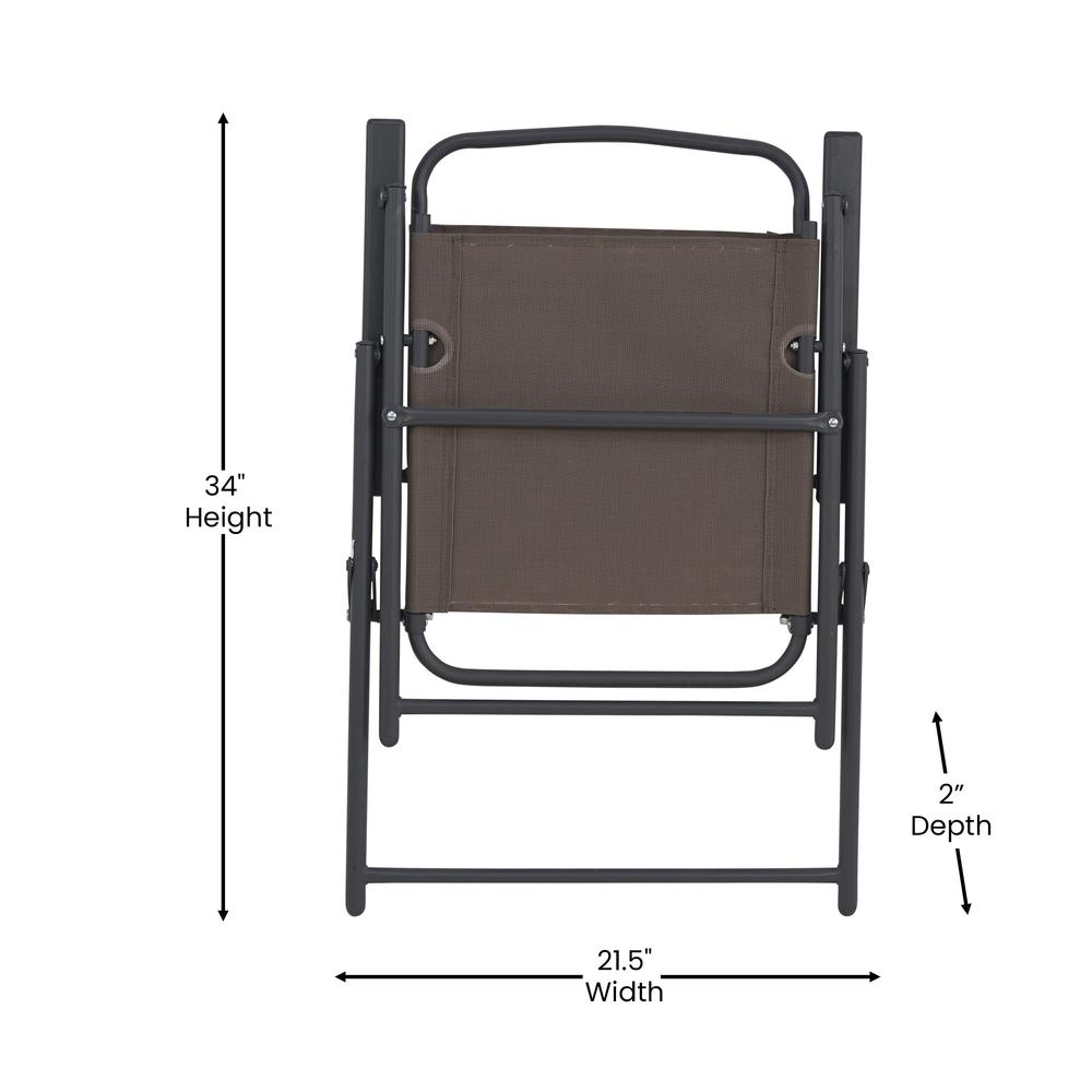 Set of 2 contemporary sling style patio chairs with armrests, featuring sleek frames and woven fabric seating by Start2Finish.