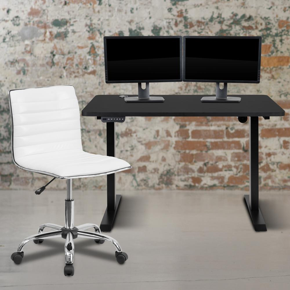 Start2Finish adjustable height motorized standing desk with swivel chair duo, showing the desk&