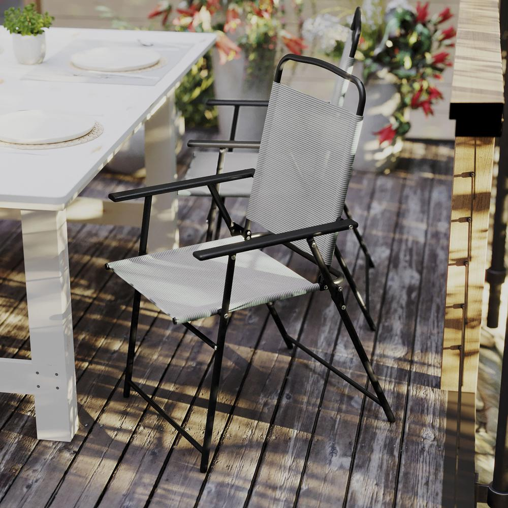 Set of 2 Start2Finish contemporary sling style patio chairs with armrests, black metal frames and fabric seats.