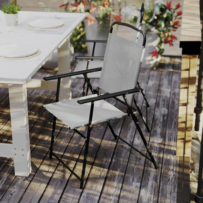 Set of 2 Start2Finish contemporary sling style patio chairs with armrests, black metal frames and fabric seats.