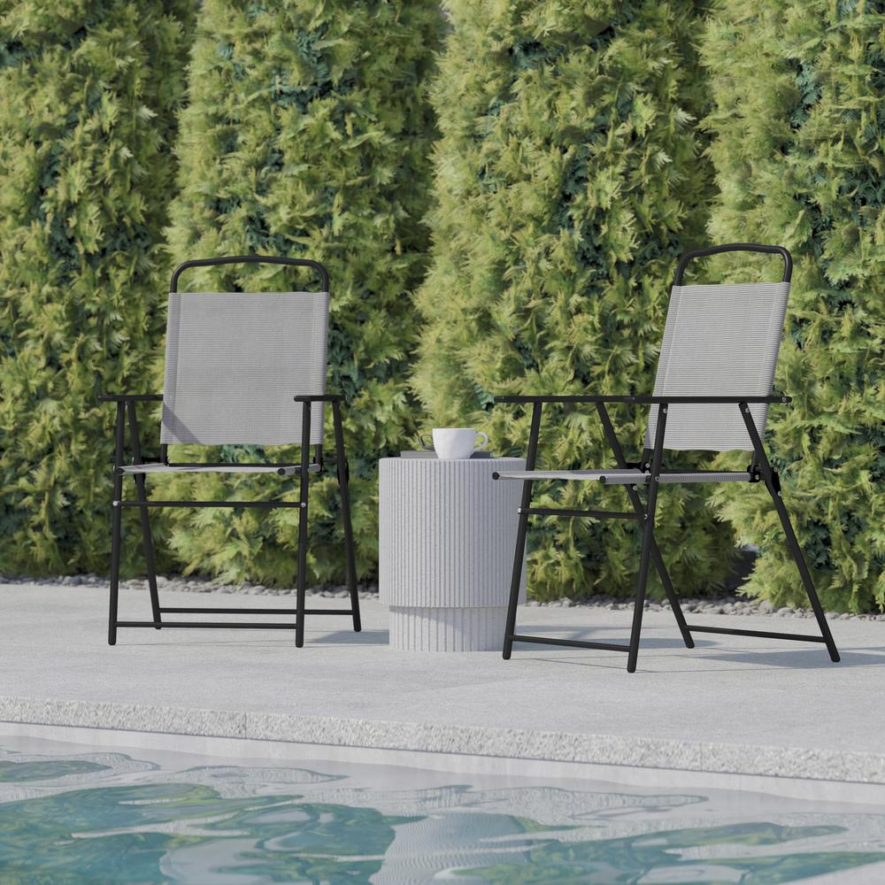 Set of 2 contemporary sling style patio chairs with armrests, Start2Finish outdoor furniture for patio seating.