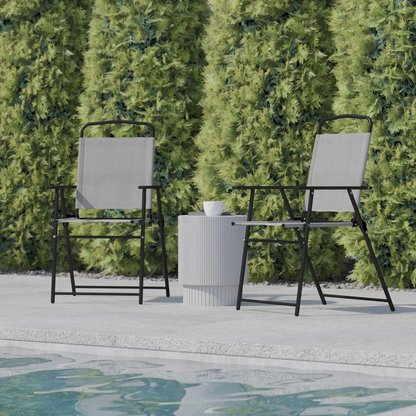 Set of 2 contemporary sling style patio chairs with armrests, Start2Finish outdoor furniture for patio seating.