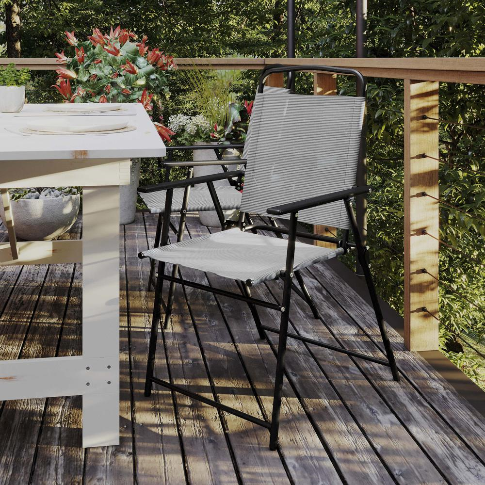 Set of 2 contemporary sling-style patio chairs with armrests, stylish outdoor furniture by Start2Finish