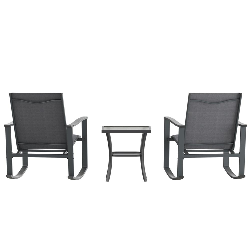 Start2Finish modern 3-piece outdoor rocking chair and table set with metal frames and wooden accents on a patio.