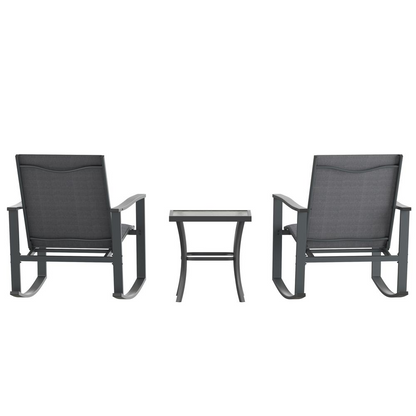 Start2Finish modern 3-piece outdoor rocking chair and table set with metal frames and wooden accents on a patio.