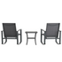 Start2Finish modern 3-piece outdoor rocking chair and table set with metal frames and wooden accents on a patio.