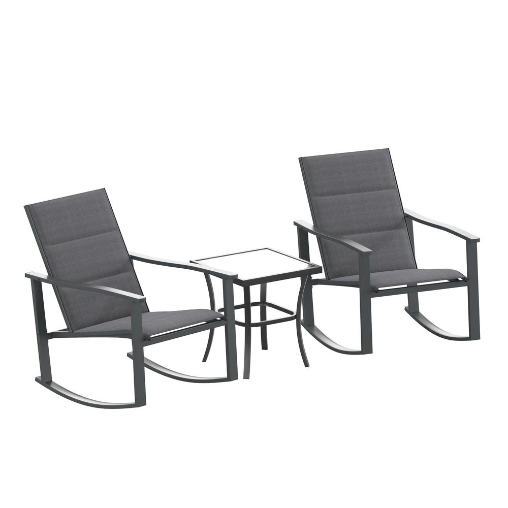 Set of three outdoor rocking chairs and table by Start2Finish, modern patio furniture for outdoor relaxation and seating.