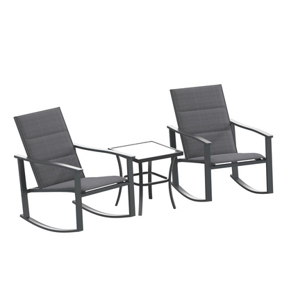 Set of three outdoor rocking chairs and table by Start2Finish, modern patio furniture for outdoor relaxation and seating.