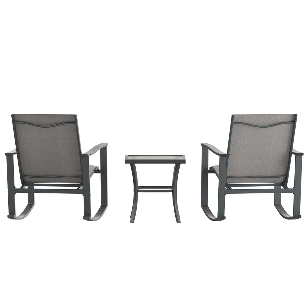 Set of three modern outdoor rocking chairs and a table from Start2Finish, featuring metal frames and comfortable cushions.