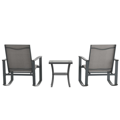 Set of three modern outdoor rocking chairs and a table from Start2Finish, featuring metal frames and comfortable cushions.