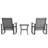 Set of three modern outdoor rocking chairs and a table from Start2Finish, featuring metal frames and comfortable cushions.