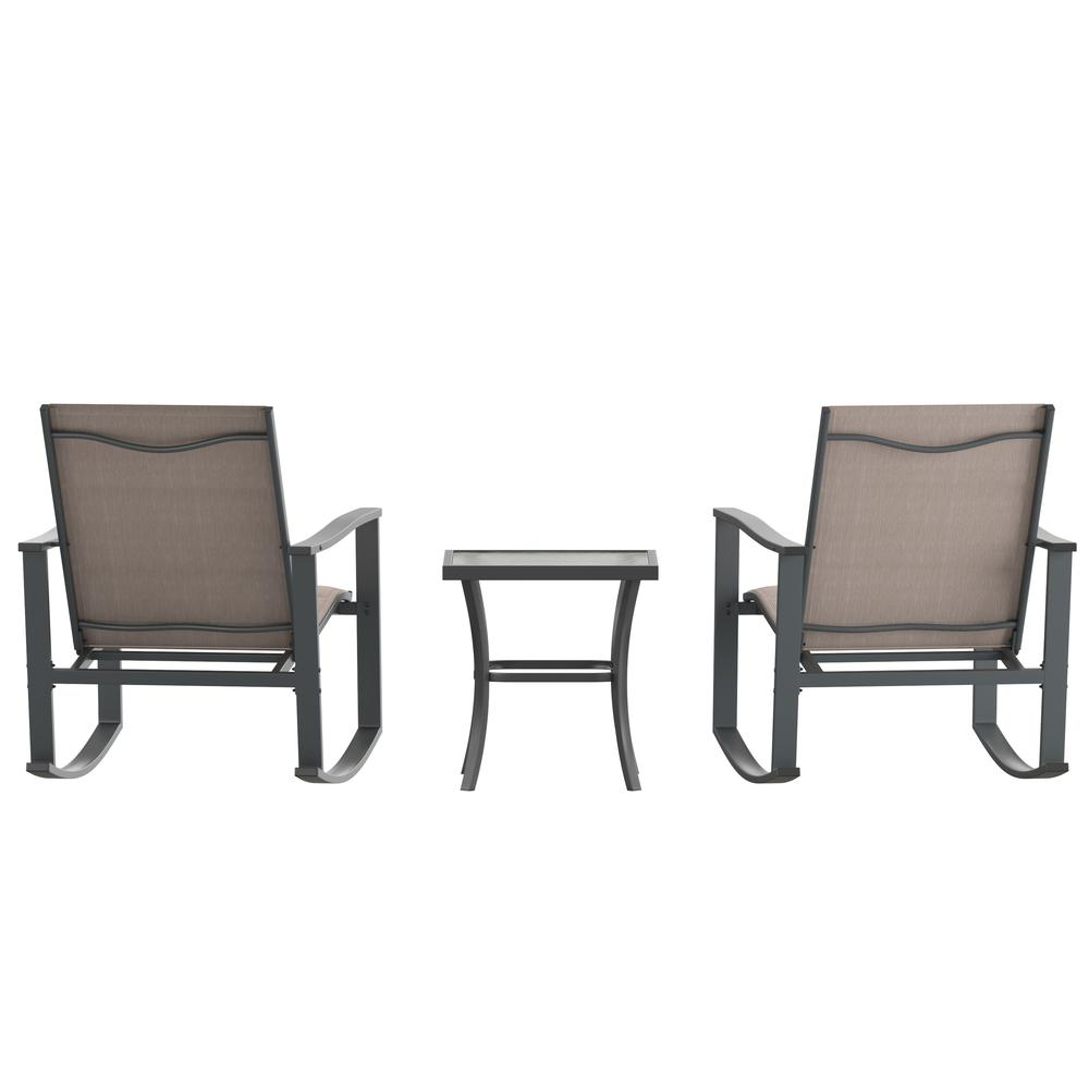 Start2Finish modern 3-piece outdoor rocking chair and table set with metal frames and wooden slat seats on a patio.