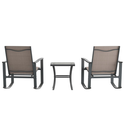 Start2Finish modern 3-piece outdoor rocking chair and table set with metal frames and wooden slat seats on a patio.