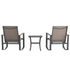 Start2Finish modern 3-piece outdoor rocking chair and table set with metal frames and wooden slat seats on a patio.