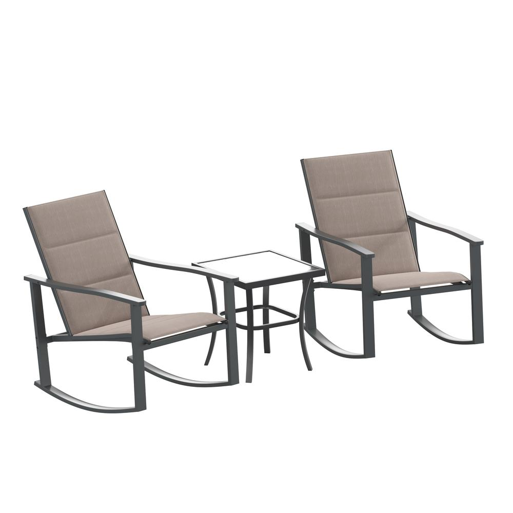 Start2Finish modern 3-piece outdoor rocking chairs and table set with wooden finishes and metal frames on a patio.