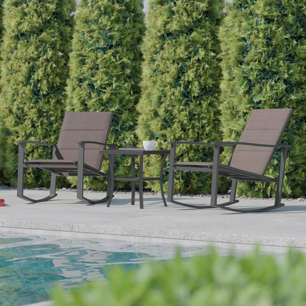 Modern 3-piece outdoor rocking chair set with a table by Start2Finish, featuring metal frames and comfortable cushions.