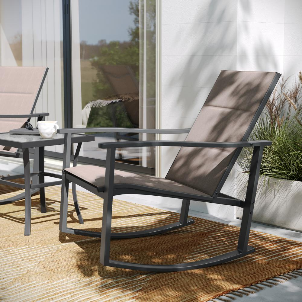 Modern 3-piece outdoor rocking chair and table set by Start2Finish, featuring metal frames and cushioned seats for outdoor relaxation.