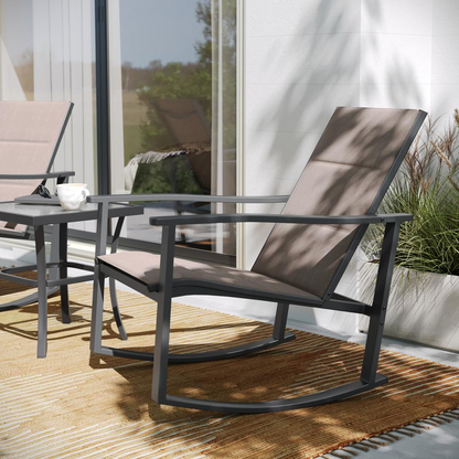 Modern 3-piece outdoor rocking chair and table set by Start2Finish, featuring metal frames and cushioned seats for outdoor relaxation.