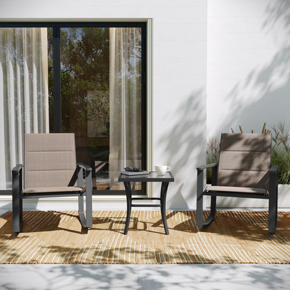 Set of three modern outdoor rocking chairs with a matching table by Start2Finish, perfect for patio or garden relaxation.