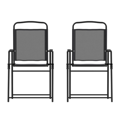 Set of 2 Start2Finish contemporary sling-style patio chairs with armrests, showcasing sleek outdoor furniture design.