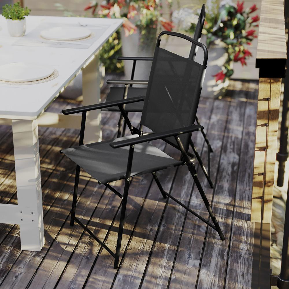 Set of 2 contemporary sling style patio chairs with armrests from Start2Finish, featuring sleek frames and comfortable seating.