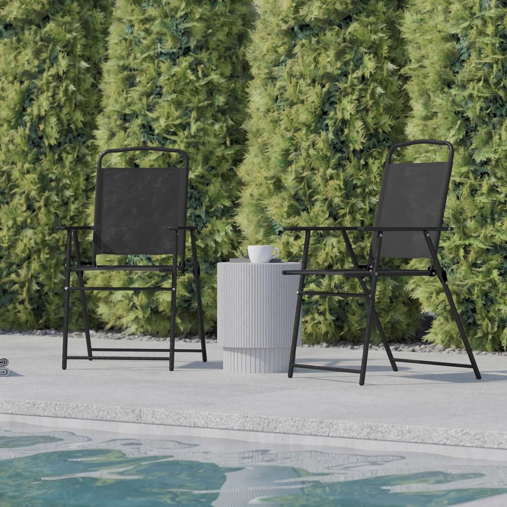 Two contemporary sling-style patio chairs with armrests from Start2Finish, featuring sleek metal frames and fabric seating.