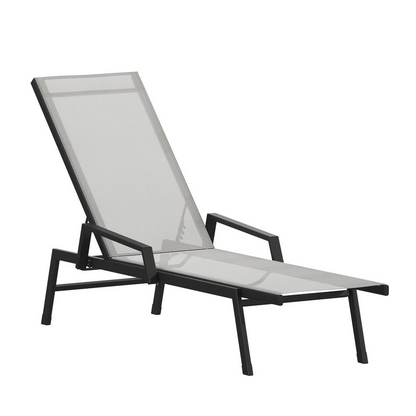 Start2Finish modern outdoor chaise lounge chair with adjustable backrest and cushioned seating on a patio.