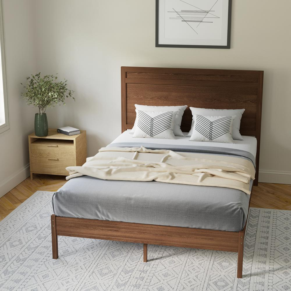 Modern full size wooden platform bed with headboard, featuring clean lines and natural wood finish for a stylish bedroom look.