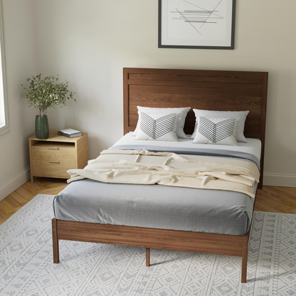 Modern full size wooden platform bed with headboard, featuring clean lines and natural wood finish for a stylish bedroom look.